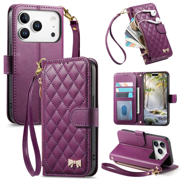 Rhombic Texture Zipper Wallet Metal Bow-knot Vegan Leather Phone Case with Strap, For iPhone 17 Pro Max, For iPhone 17 Pro, For iPhone 17, For iPhone Air
