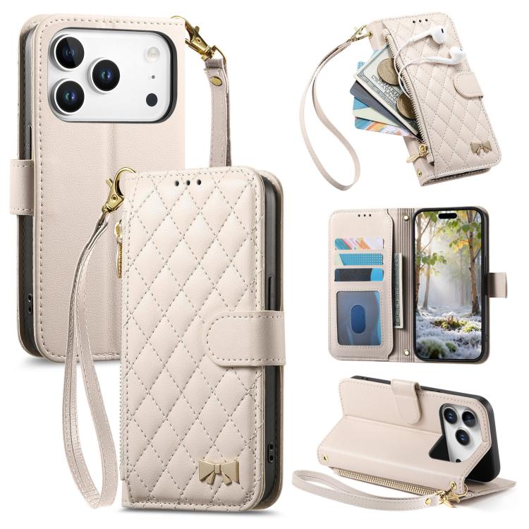 Rhombic Texture Zipper Wallet Metal Bow-knot Vegan Leather Phone Case with Strap, For iPhone 17 Pro Max, For iPhone 17 Pro, For iPhone 17, For iPhone Air