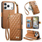 Rhombic Texture Zipper Wallet Metal Bow-knot Vegan Leather Phone Case with Strap, For iPhone 17 Pro Max, For iPhone 17 Pro, For iPhone 17, For iPhone Air