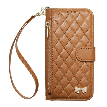 Rhombic Texture Zipper Wallet Metal Bow-knot Vegan Leather Phone Case with Strap, For iPhone 17 Pro Max, For iPhone 17 Pro, For iPhone 17, For iPhone Air