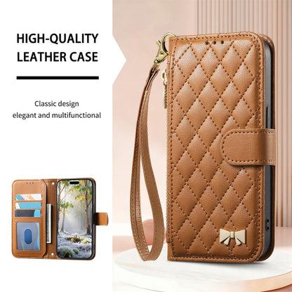 Rhombic Texture Zipper Wallet Metal Bow-knot Vegan Leather Phone Case with Strap, For iPhone 17 Pro Max, For iPhone 17 Pro, For iPhone 17, For iPhone Air