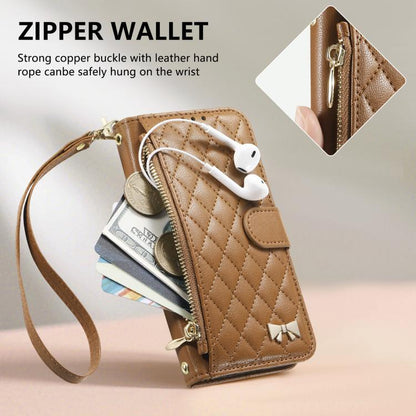 Rhombic Texture Zipper Wallet Metal Bow-knot Vegan Leather Phone Case with Strap, For iPhone 17 Pro Max, For iPhone 17 Pro, For iPhone 17, For iPhone Air