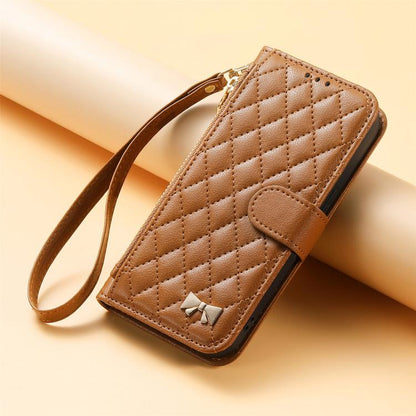 Rhombic Texture Zipper Wallet Metal Bow-knot Vegan Leather Phone Case with Strap, For iPhone 17 Pro Max, For iPhone 17 Pro, For iPhone 17, For iPhone Air