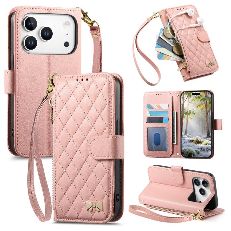 Rhombic Texture Zipper Wallet Metal Bow-knot Vegan Leather Phone Case with Strap, For iPhone 17 Pro Max, For iPhone 17 Pro, For iPhone 17, For iPhone Air