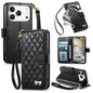 Rhombic Texture Zipper Wallet Metal Bow-knot Vegan Leather Phone Case with Strap, For iPhone 17 Pro Max, For iPhone 17 Pro, For iPhone 17, For iPhone Air