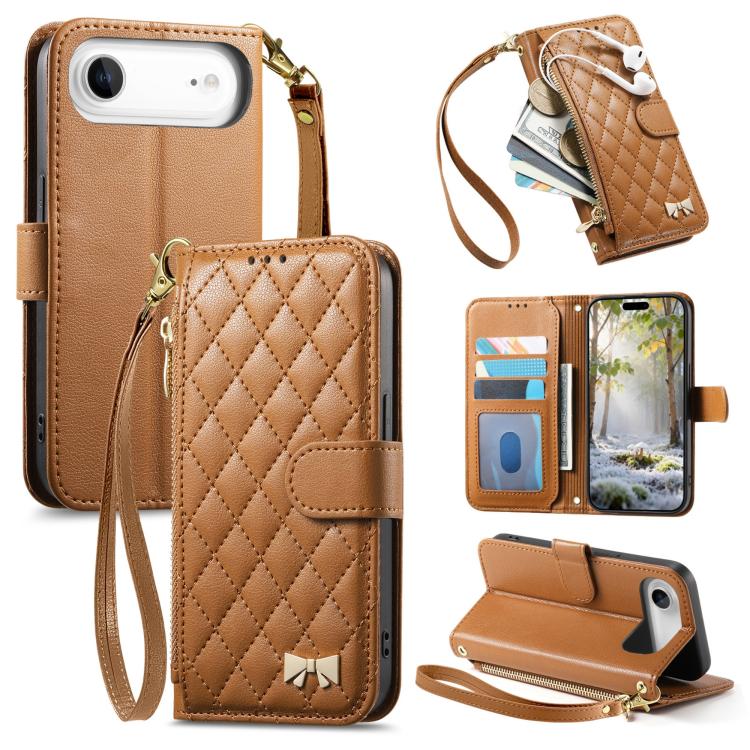 Rhombic Texture Zipper Wallet Metal Bow-knot Vegan Leather Phone Case with Strap, For iPhone 17 Pro Max, For iPhone 17 Pro, For iPhone 17, For iPhone Air