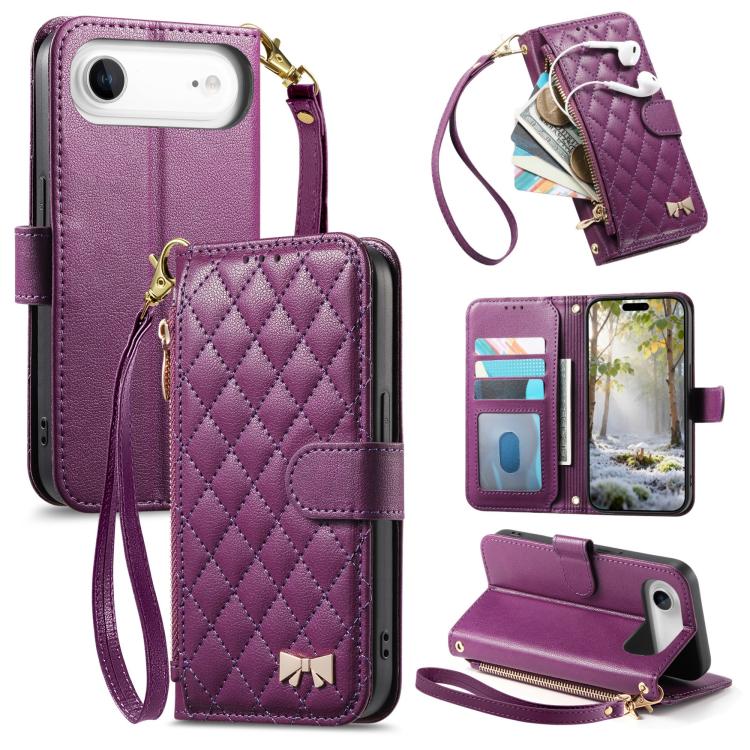 Rhombic Texture Zipper Wallet Metal Bow-knot Vegan Leather Phone Case with Strap, For iPhone 17 Pro Max, For iPhone 17 Pro, For iPhone 17, For iPhone Air