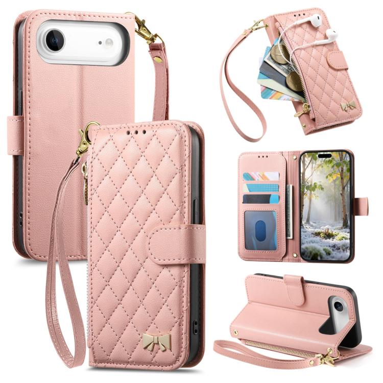 Rhombic Texture Zipper Wallet Metal Bow-knot Vegan Leather Phone Case with Strap, For iPhone 17 Pro Max, For iPhone 17 Pro, For iPhone 17, For iPhone Air