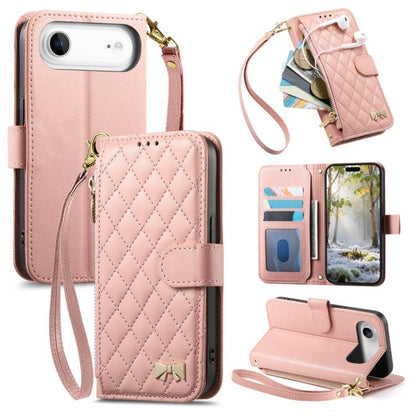 Rhombic Texture Zipper Wallet Metal Bow-knot Vegan Leather Phone Case with Strap, For iPhone 17 Pro Max, For iPhone 17 Pro, For iPhone 17, For iPhone Air