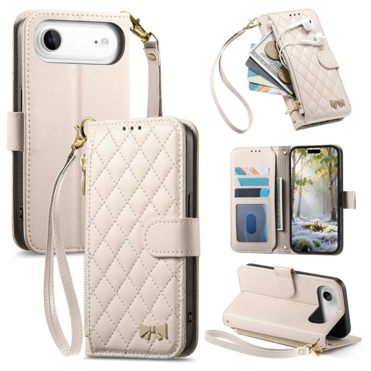 Rhombic Texture Zipper Wallet Metal Bow-knot Vegan Leather Phone Case with Strap, For iPhone 17 Pro Max, For iPhone 17 Pro, For iPhone 17, For iPhone Air