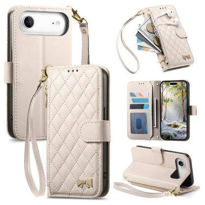 Rhombic Texture Zipper Wallet Metal Bow-knot Vegan Leather Phone Case with Strap, For iPhone 17 Pro Max, For iPhone 17 Pro, For iPhone 17, For iPhone Air