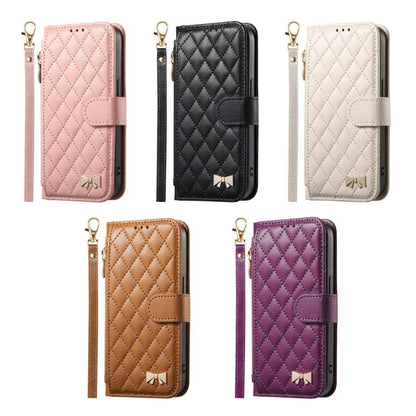Rhombic Texture Zipper Wallet Metal Bow-knot Vegan Leather Phone Case with Strap, For iPhone 17 Pro Max, For iPhone 17 Pro, For iPhone 17, For iPhone Air