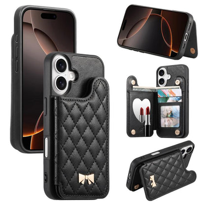 Mirror Rhombic Texture Metal Bow-knot Vegan Leather Card Bag Phone Case, For iPhone 16 Pro, For iPhone 16 Plus, For iPhone 16
