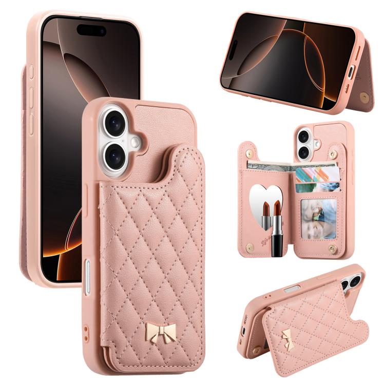 Mirror Rhombic Texture Metal Bow-knot Vegan Leather Card Bag Phone Case, For iPhone 16 Pro, For iPhone 16 Plus, For iPhone 16