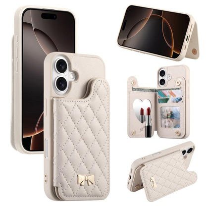 Mirror Rhombic Texture Metal Bow-knot Vegan Leather Card Bag Phone Case, For iPhone 16 Pro, For iPhone 16 Plus, For iPhone 16