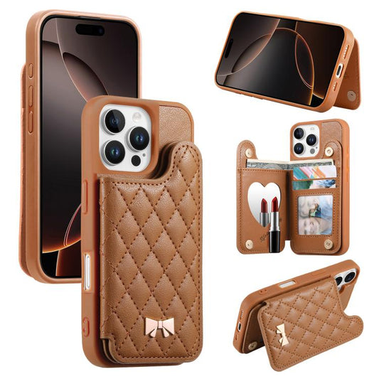 Mirror Rhombic Texture Metal Bow-knot Vegan Leather Card Bag Phone Case, For iPhone 16 Pro, For iPhone 16 Plus, For iPhone 16