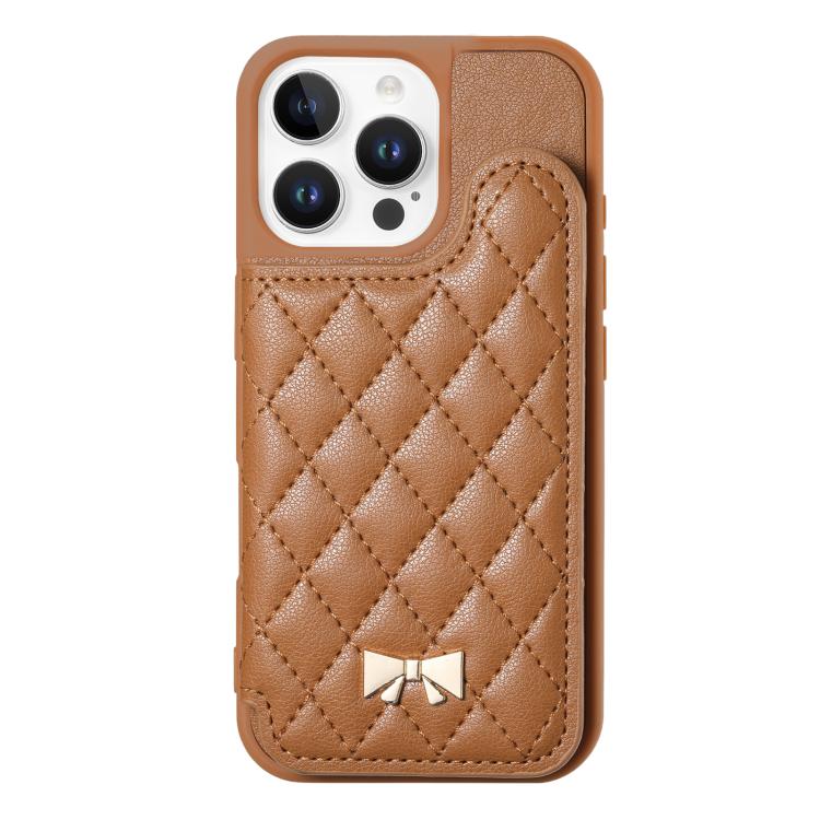 Mirror Rhombic Texture Metal Bow-knot Vegan Leather Card Bag Phone Case, For iPhone 16 Pro, For iPhone 16 Plus, For iPhone 16
