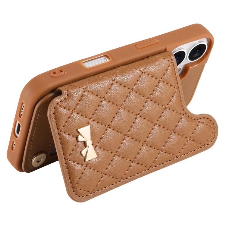 Mirror Rhombic Texture Metal Bow-knot Vegan Leather Card Bag Phone Case, For iPhone 16 Pro, For iPhone 16 Plus, For iPhone 16