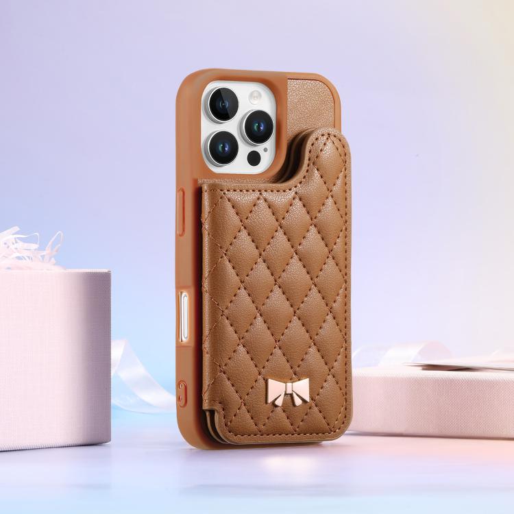 Mirror Rhombic Texture Metal Bow-knot Vegan Leather Card Bag Phone Case, For iPhone 16 Pro, For iPhone 16 Plus, For iPhone 16