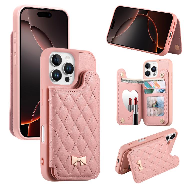 Mirror Rhombic Texture Metal Bow-knot Vegan Leather Card Bag Phone Case, For iPhone 16 Pro, For iPhone 16 Plus, For iPhone 16
