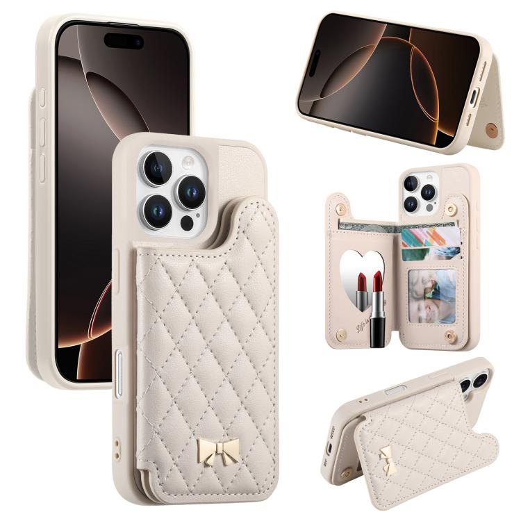 Mirror Rhombic Texture Metal Bow-knot Vegan Leather Card Bag Phone Case, For iPhone 16 Pro, For iPhone 16 Plus, For iPhone 16