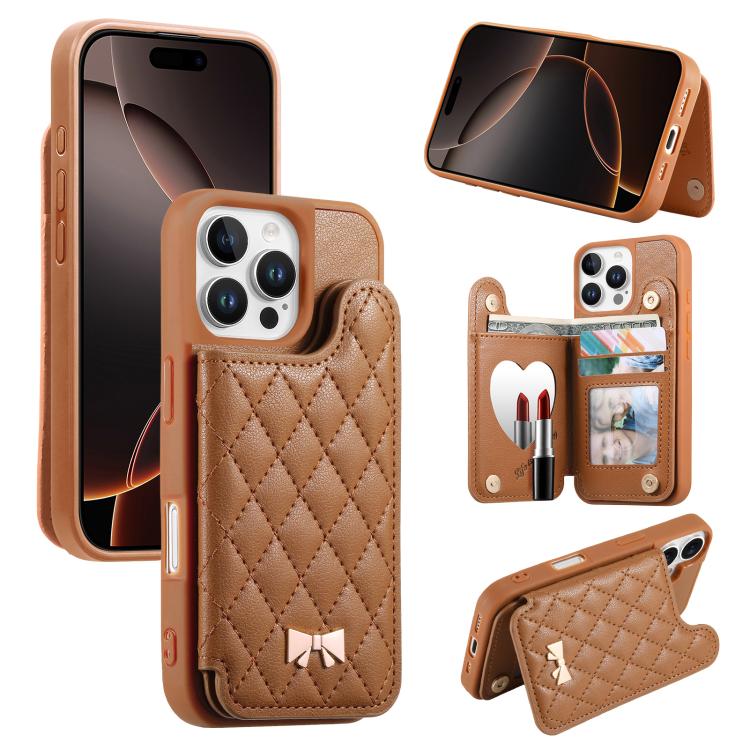 Mirror Rhombic Texture Metal Bow-knot Vegan Leather Card Bag Phone Case, For iPhone 17 Pro Max, For iPhone 17 Pro, For iPhone 17, For iPhone 16 Pro Max