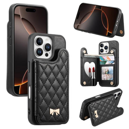 Mirror Rhombic Texture Metal Bow-knot Vegan Leather Card Bag Phone Case, For iPhone 17 Pro Max, For iPhone 17 Pro, For iPhone 17, For iPhone 16 Pro Max