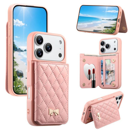 Mirror Rhombic Texture Metal Bow-knot Vegan Leather Card Bag Phone Case, For iPhone 17 Pro Max, For iPhone 17 Pro, For iPhone 17, For iPhone 16 Pro Max