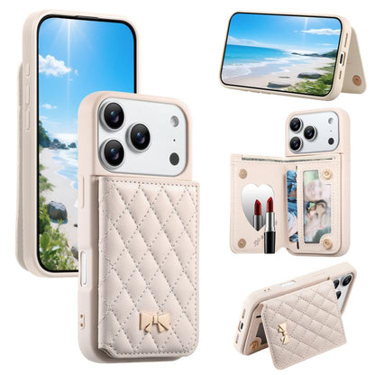 Mirror Rhombic Texture Metal Bow-knot Vegan Leather Card Bag Phone Case, For iPhone 17 Pro Max, For iPhone 17 Pro, For iPhone 17, For iPhone 16 Pro Max