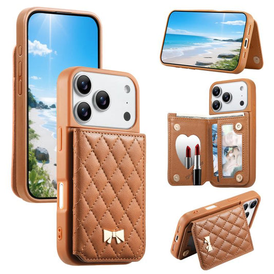 Mirror Rhombic Texture Metal Bow-knot Vegan Leather Card Bag Phone Case, For iPhone 17 Pro Max, For iPhone 17 Pro, For iPhone 17, For iPhone 16 Pro Max