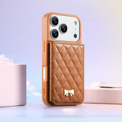 Mirror Rhombic Texture Metal Bow-knot Vegan Leather Card Bag Phone Case, For iPhone 17 Pro Max, For iPhone 17 Pro, For iPhone 17, For iPhone 16 Pro Max