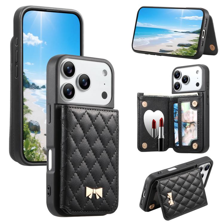 Mirror Rhombic Texture Metal Bow-knot Vegan Leather Card Bag Phone Case, For iPhone 17 Pro Max, For iPhone 17 Pro, For iPhone 17, For iPhone 16 Pro Max