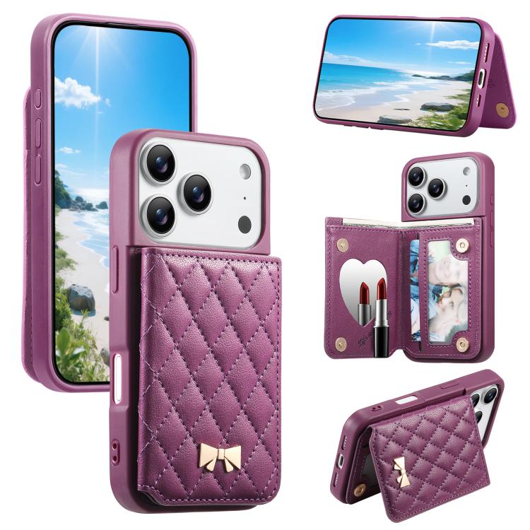 Mirror Rhombic Texture Metal Bow-knot Vegan Leather Card Bag Phone Case, For iPhone 17 Pro Max, For iPhone 17 Pro, For iPhone 17, For iPhone 16 Pro Max