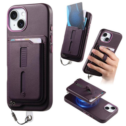 Detachable Magnetic Card Bag Phone Case with Finger Ring Grip & Anti-loss Rope, For iPhone 15 Plus, For iPhone 15, For iPhone 14 Plus