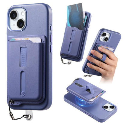 Detachable Magnetic Card Bag Phone Case with Finger Ring Grip & Anti-loss Rope, For iPhone 15 Plus, For iPhone 15, For iPhone 14 Plus