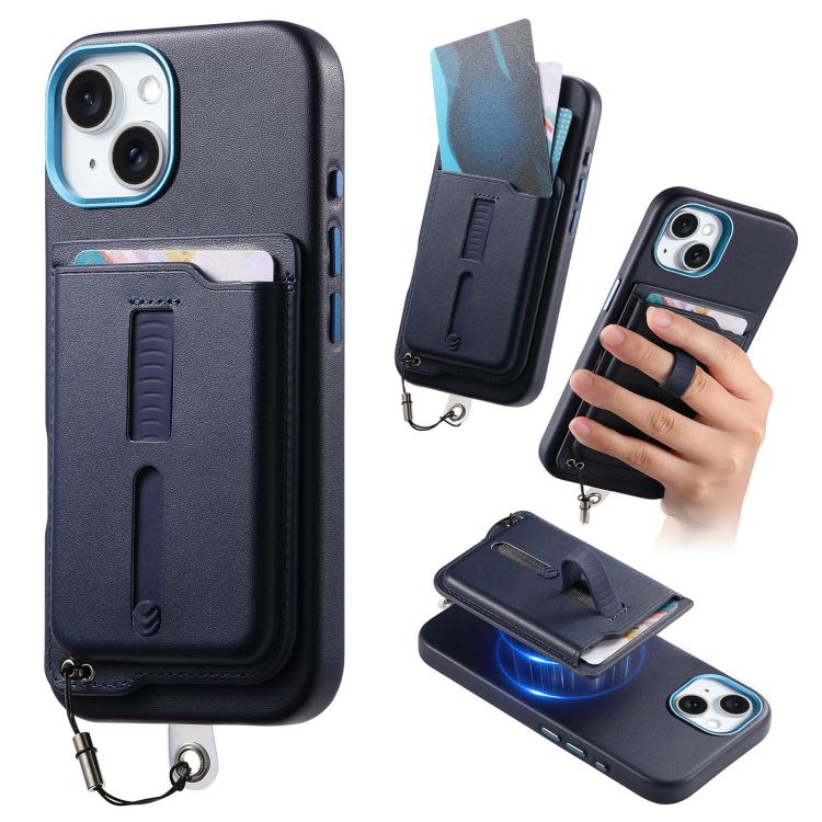 Detachable Magnetic Card Bag Phone Case with Finger Ring Grip & Anti-loss Rope, For iPhone 15 Plus, For iPhone 15, For iPhone 14 Plus