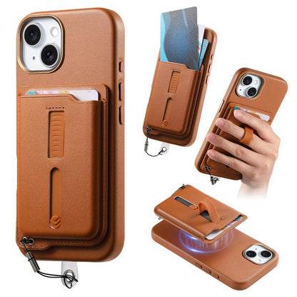 Detachable Magnetic Card Bag Phone Case with Finger Ring Grip & Anti-loss Rope, For iPhone 15 Plus, For iPhone 15, For iPhone 14 Plus