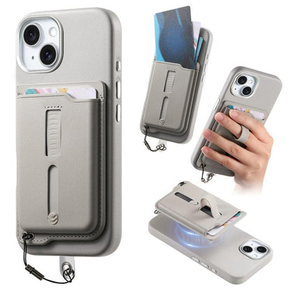 Detachable Magnetic Card Bag Phone Case with Finger Ring Grip & Anti-loss Rope, For iPhone 15 Plus, For iPhone 15, For iPhone 14 Plus