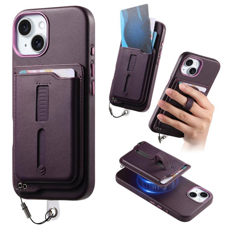 Detachable Magnetic Card Bag Phone Case with Finger Ring Grip & Anti-loss Rope, For iPhone 15 Plus, For iPhone 15, For iPhone 14 Plus