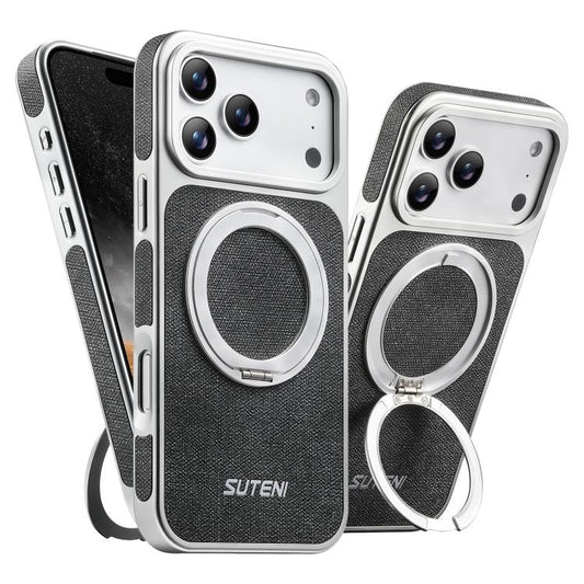 Suteni G6 Denim Pattern Electroplated 360 Rotation Holder Magnetic Phone Case, For iPhone 17 Pro Max, For iPhone 17 Pro, For iPhone 17, For iPhone 16 Pro Max, For iPhone 16 Pro, For iPhone 16, For iPhone 15 Pro Max, For iPhone 15 Pro