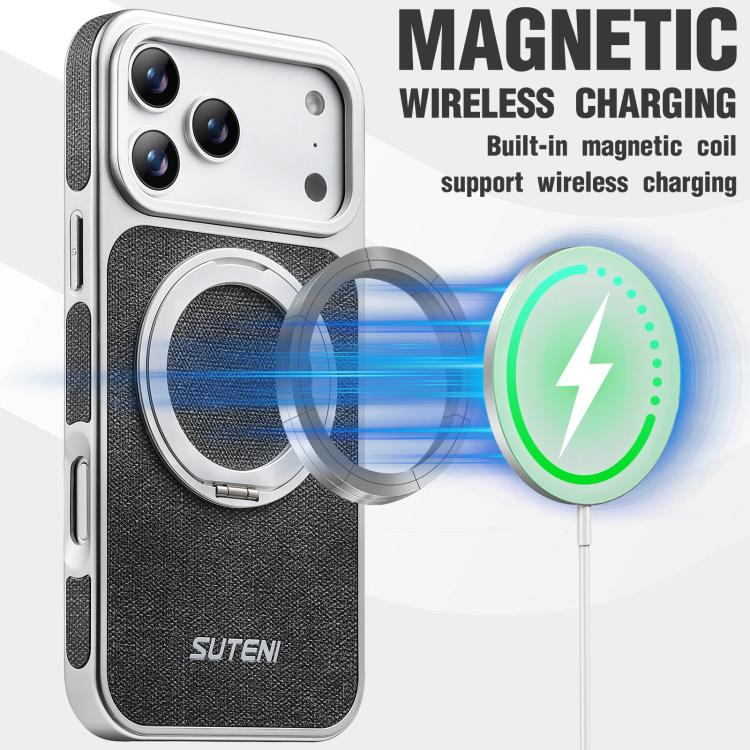 Suteni G6 Denim Pattern Electroplated 360 Rotation Holder Magnetic Phone Case, For iPhone 17 Pro Max, For iPhone 17 Pro, For iPhone 17, For iPhone 16 Pro Max, For iPhone 16 Pro, For iPhone 16, For iPhone 15 Pro Max, For iPhone 15 Pro