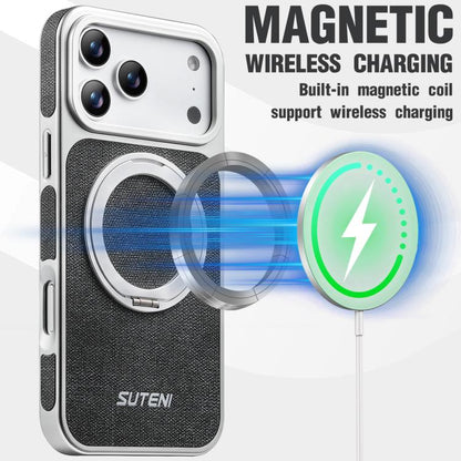 Suteni G6 Denim Pattern Electroplated 360 Rotation Holder Magnetic Phone Case, For iPhone 17 Pro Max, For iPhone 17 Pro, For iPhone 17, For iPhone 16 Pro Max, For iPhone 16 Pro, For iPhone 16, For iPhone 15 Pro Max, For iPhone 15 Pro