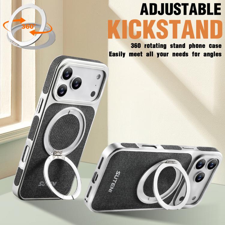 Suteni G6 Denim Pattern Electroplated 360 Rotation Holder Magnetic Phone Case, For iPhone 17 Pro Max, For iPhone 17 Pro, For iPhone 17, For iPhone 16 Pro Max, For iPhone 16 Pro, For iPhone 16, For iPhone 15 Pro Max, For iPhone 15 Pro
