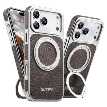 Suteni G6 Denim Pattern Electroplated 360 Rotation Holder Magnetic Phone Case, For iPhone 17 Pro Max, For iPhone 17 Pro, For iPhone 17, For iPhone 16 Pro Max, For iPhone 16 Pro, For iPhone 16, For iPhone 15 Pro Max, For iPhone 15 Pro