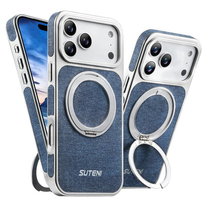 Suteni G6 Denim Pattern Electroplated 360 Rotation Holder Magnetic Phone Case, For iPhone 17 Pro Max, For iPhone 17 Pro, For iPhone 17, For iPhone 16 Pro Max, For iPhone 16 Pro, For iPhone 16, For iPhone 15 Pro Max, For iPhone 15 Pro