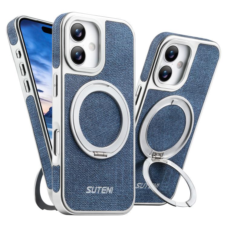 Suteni G6 Denim Pattern Electroplated 360 Rotation Holder Magnetic Phone Case, For iPhone 17 Pro Max, For iPhone 17 Pro, For iPhone 17, For iPhone 16 Pro Max, For iPhone 16 Pro, For iPhone 16, For iPhone 15 Pro Max, For iPhone 15 Pro
