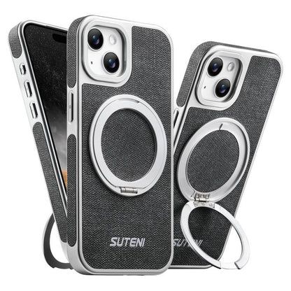 Suteni G6 Denim Pattern Electroplated 360 Rotation Holder Magnetic Phone Case, For iPhone 15, For iPhone 14, For iPhone 14 Pro, For iPhone 14 Pro Max, For iPhone 13 Pro Max, For iPhone 13 Pro, For iPhone 13