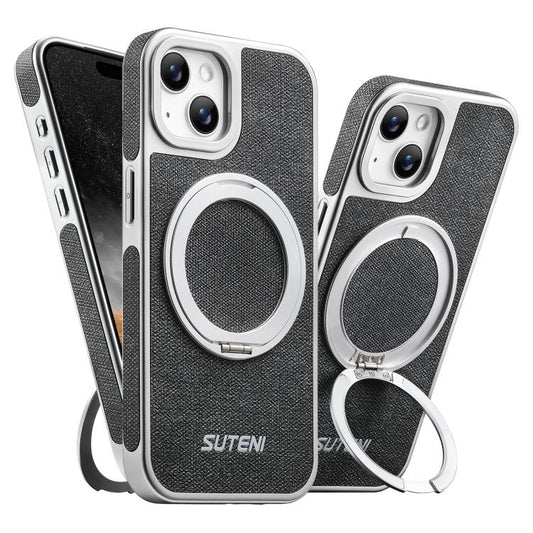 Suteni G6 Denim Pattern Electroplated 360 Rotation Holder Magnetic Phone Case, For iPhone 15, For iPhone 14, For iPhone 14 Pro, For iPhone 14 Pro Max, For iPhone 13 Pro Max, For iPhone 13 Pro, For iPhone 13