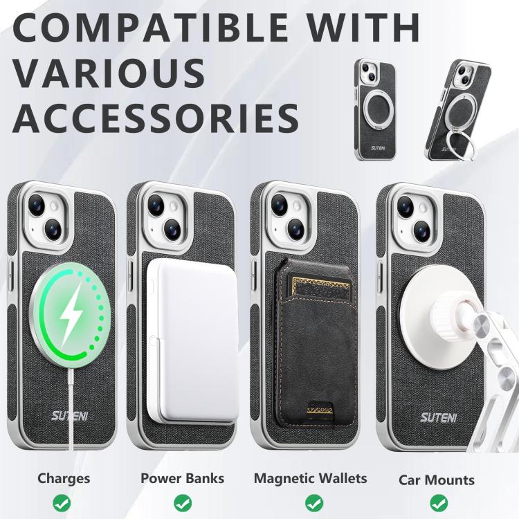 Suteni G6 Denim Pattern Electroplated 360 Rotation Holder Magnetic Phone Case, For iPhone 15, For iPhone 14, For iPhone 14 Pro, For iPhone 14 Pro Max, For iPhone 13 Pro Max, For iPhone 13 Pro, For iPhone 13