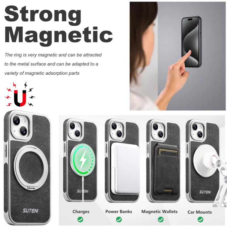 Suteni G6 Denim Pattern Electroplated 360 Rotation Holder Magnetic Phone Case, For iPhone 15, For iPhone 14, For iPhone 14 Pro, For iPhone 14 Pro Max, For iPhone 13 Pro Max, For iPhone 13 Pro, For iPhone 13